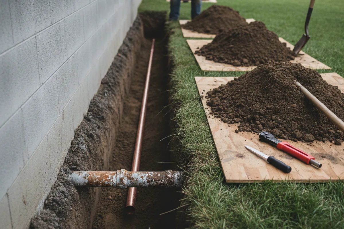 Excavated water line trench during Water Softener Installation in Pearce